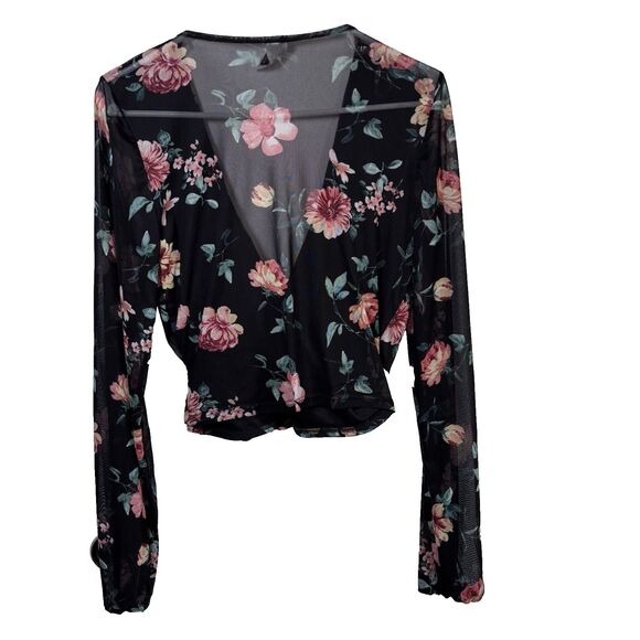 Vintage 90's Windsor Wrap Top Black Floral Gypsy Crop Top Bohemian Women's M - Picture 3 of 9